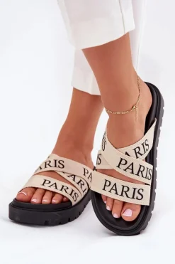 Klapki Damskie Z Materiałowymi Paskami Paris Na Platformie Beżowe Celinea