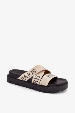 Klapki Damskie Z Materiałowymi Paskami Paris Na Platformie Beżowe Celinea