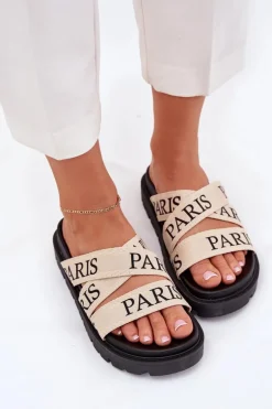 Klapki Damskie Z Materiałowymi Paskami Paris Na Platformie Beżowe Celinea