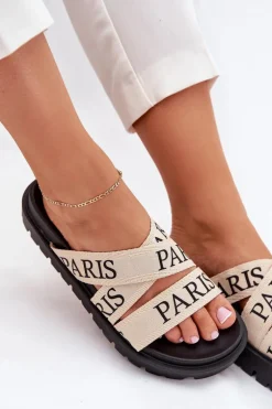 Klapki Damskie Z Materiałowymi Paskami Paris Na Platformie Beżowe Celinea