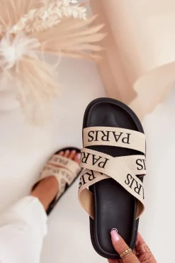 Klapki Damskie Z Materiałowymi Paskami Paris Na Platformie Beżowe Celinea