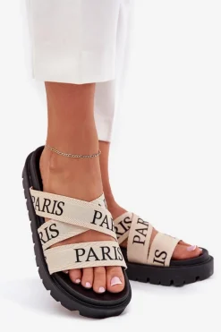 Klapki Damskie Z Materiałowymi Paskami Paris Na Platformie Beżowe Celinea