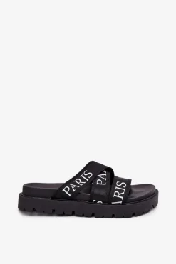 Klapki Damskie Z Materiałowymi Paskami Paris Na Platformie Czarne Celinea