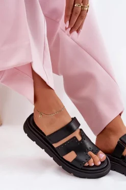 Klapki Damskie Z Naturalnej Skóry Na Platformie Zazoo 40440 Czarne