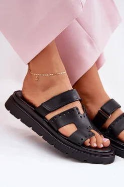 Klapki Damskie Z Naturalnej Skóry Na Platformie Zazoo 40440 Czarne