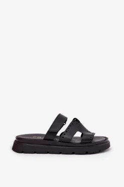 Klapki Damskie Z Naturalnej Skóry Na Platformie Zazoo 40440 Czarne