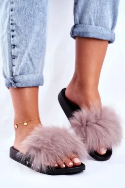 Klapki Damskie z Naturalnym Futerkiem Jasno Szare Bushido