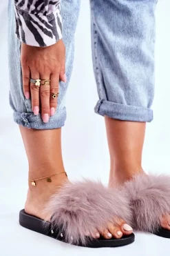 Klapki Damskie z Naturalnym Futerkiem Jasno Szare Bushido