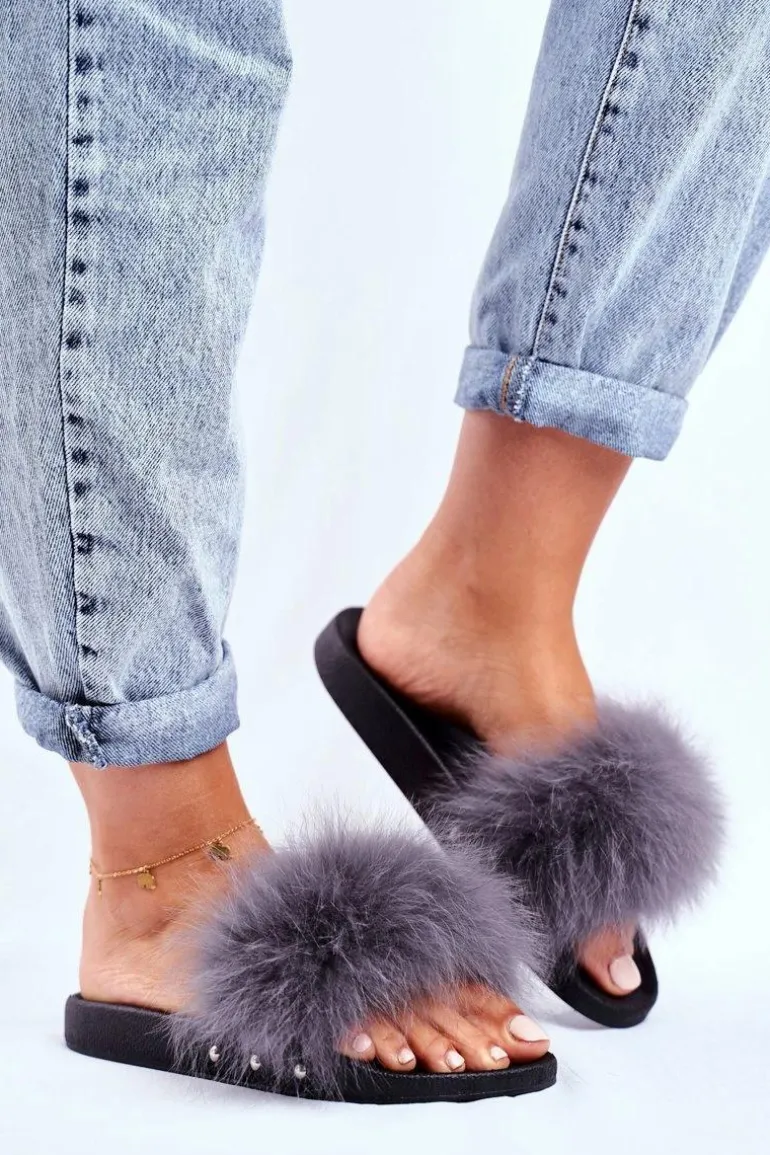 Klapki Damskie z Naturalnym Futerkiem Szare Bushido