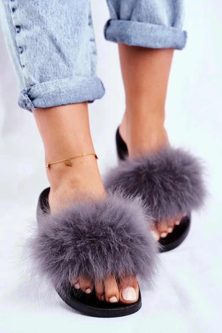 Klapki Damskie z Naturalnym Futerkiem Szare Bushido