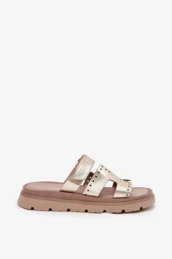 Klapki Damskie Z Naturalnej Skóry Na Platformie Zazoo 40440 Złote