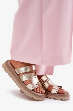 Klapki Damskie Z Naturalnej Skóry Na Platformie Zazoo 40440 Złote