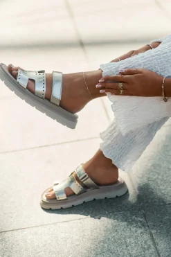 Klapki Damskie Z Naturalnej Skóry Na Platformie Zazoo 40440 Złote