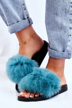 Klapki Damskie z Naturalnym Futerkiem Zielone Bushido