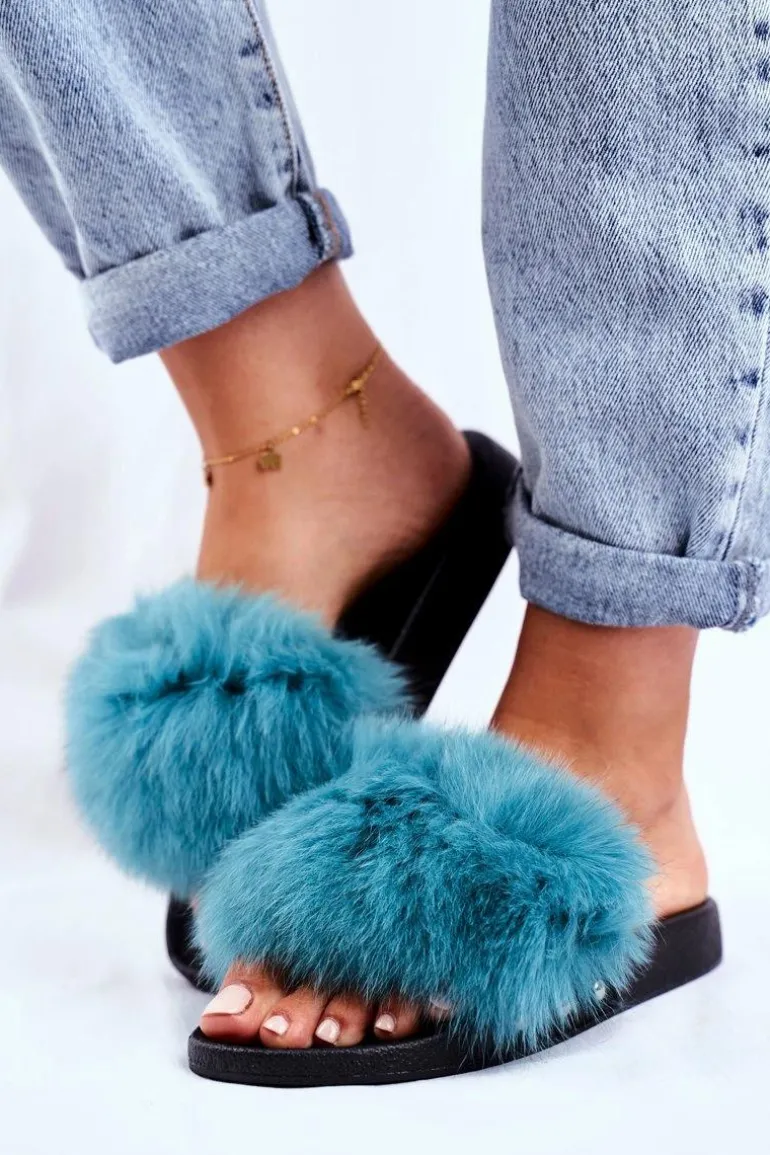 Klapki Damskie z Naturalnym Futerkiem Zielone Bushido