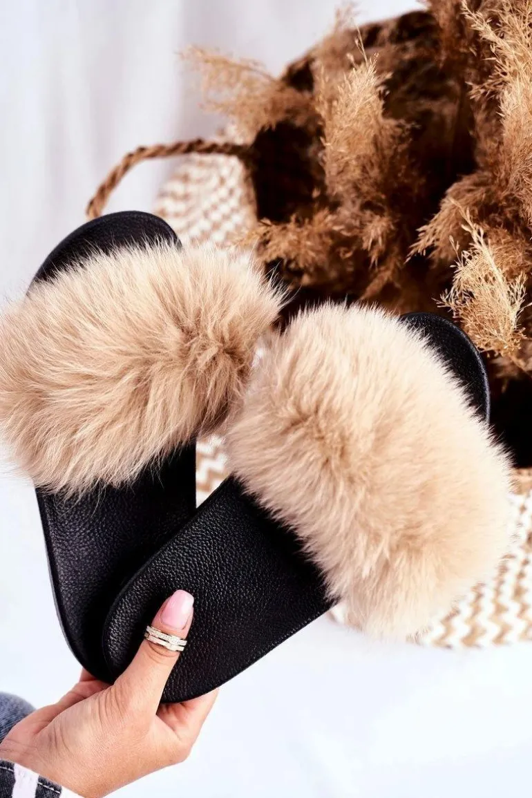 Klapki Damskie z Naturalnym Futerkiem Beżowe Bushido