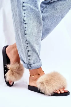 Klapki Damskie z Naturalnym Futerkiem Beżowe Bushido