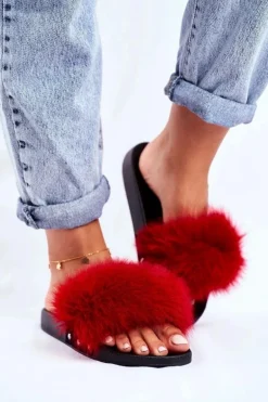 Klapki Damskie z Naturalnym Futerkiem Czerwone Bushido