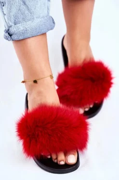 Klapki Damskie z Naturalnym Futerkiem Czerwone Bushido
