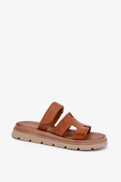 Klapki Damskie Z Naturalnej Skóry Na Platformie Zazoo 40440 Brązowe