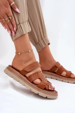 Klapki Damskie Z Naturalnej Skóry Na Platformie Zazoo 40440 Brązowe