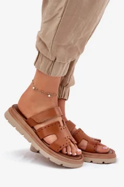 Klapki Damskie Z Naturalnej Skóry Na Platformie Zazoo 40440 Brązowe