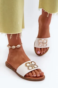 Klapki Damskie Z Ozdobą Eko Skórzane Na Płaskim Obcasie Białe Sadria