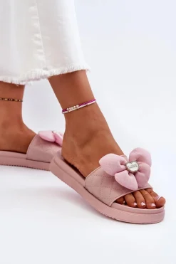Klapki Damskie Z Ozdobą Na Niskiej Platformie Różowe Cedrella
