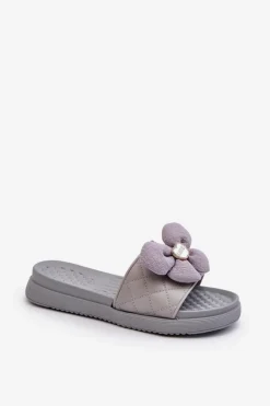 Klapki Damskie Z Ozdobą Na Niskiej Platformie Szare Cedrella