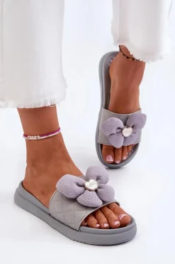 Klapki Damskie Z Ozdobą Na Niskiej Platformie Szare Cedrella