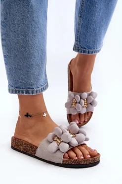 Klapki Damskie Z Ozdobami Szare Bunlia