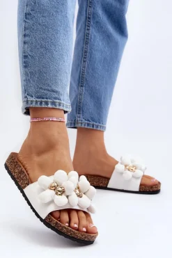 Klapki Damskie Z Ozdobami Białe Bunlia