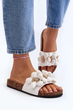 Klapki Damskie Z Ozdobami Białe Bunlia