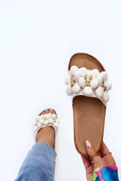 Klapki Damskie Z Ozdobami Białe Bunlia