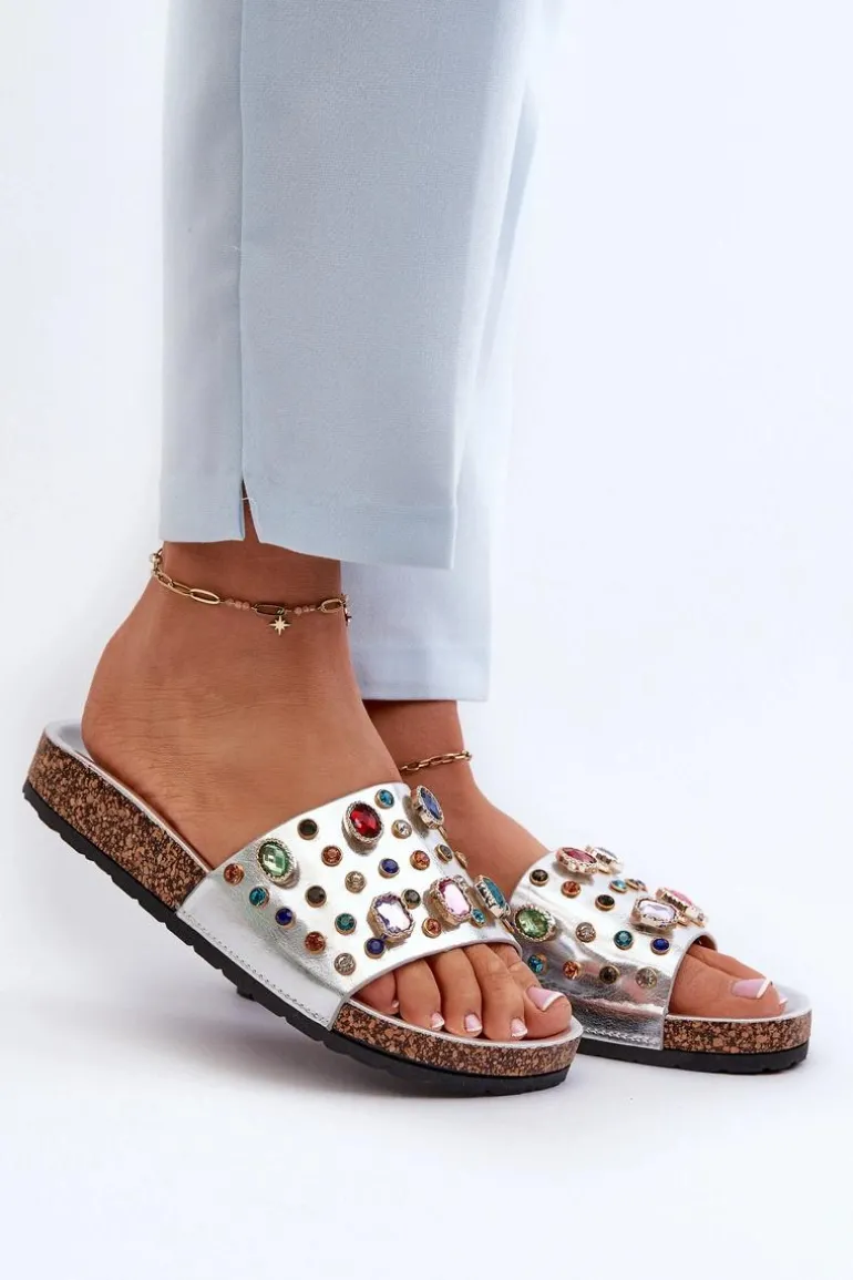 Klapki Damskie Z Ozdobami S.Barski MY122 Srebrne