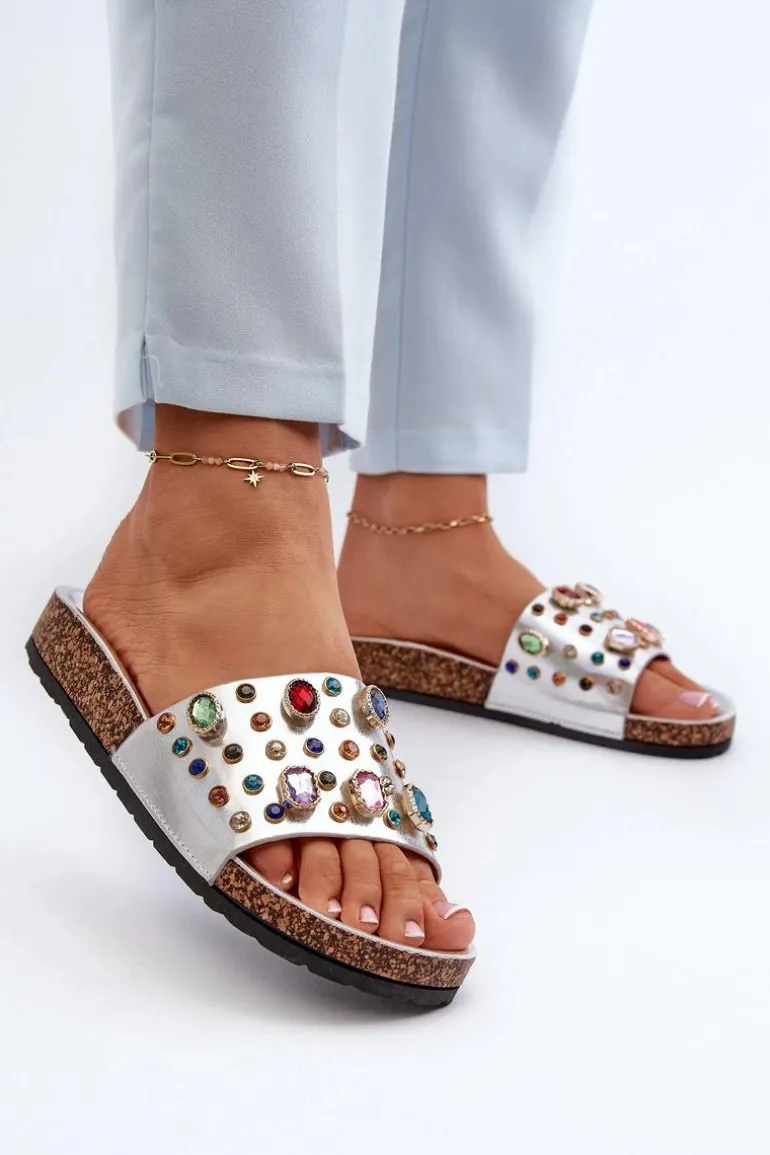 Klapki Damskie Z Ozdobami S.Barski MY122 Srebrne