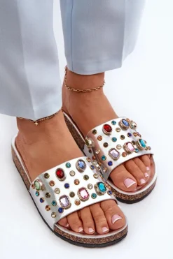 Klapki Damskie Z Ozdobami S.Barski MY122 Srebrne