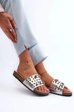 Klapki Damskie Z Ozdobami S.Barski MY122 Srebrne