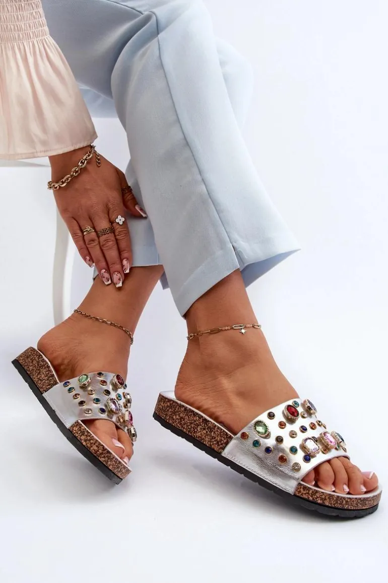 Klapki Damskie Z Ozdobami S.Barski MY122 Srebrne