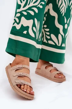 Klapki Damskie Z Paskami I Klamrami Beżowe Uliri