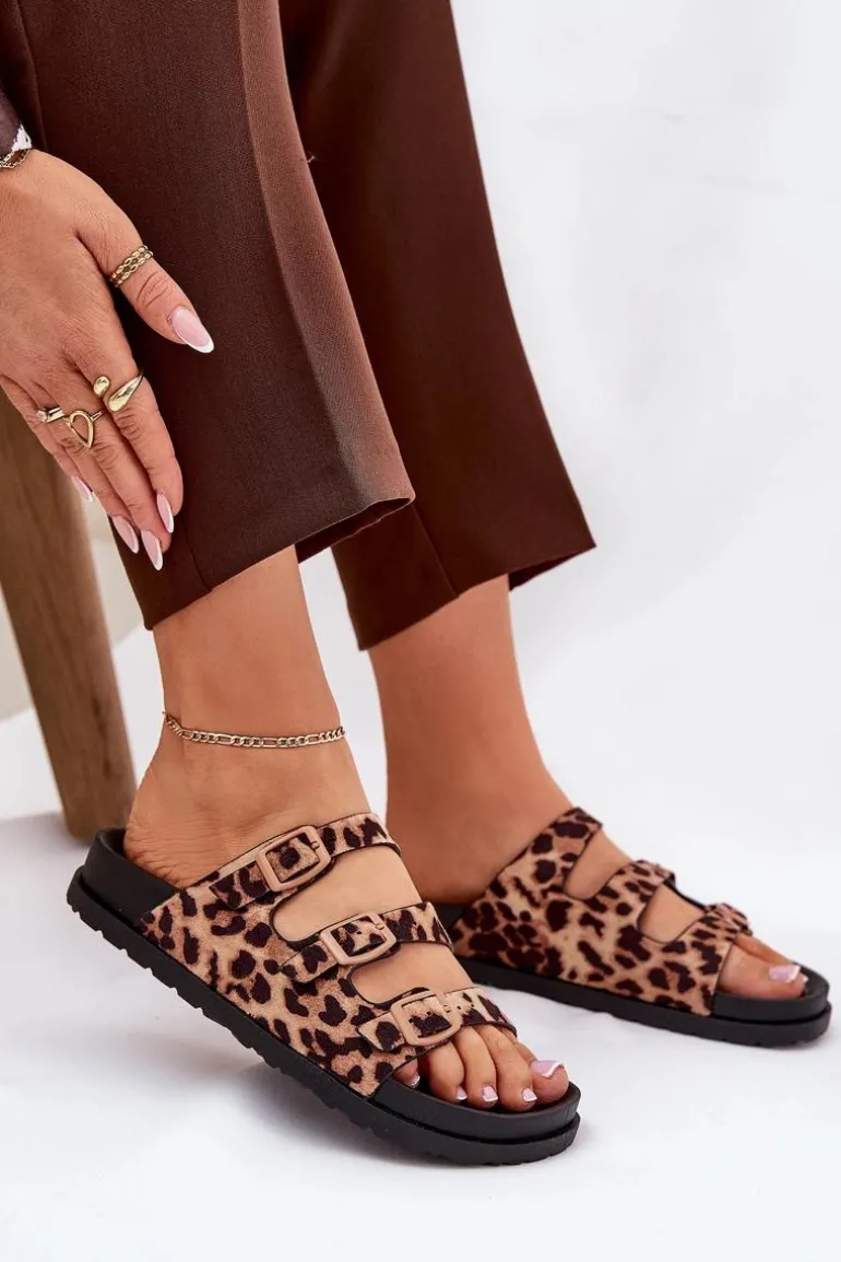 Klapki Damskie Z Paskami I Klamrami W Panterkę Brązowe Uliri