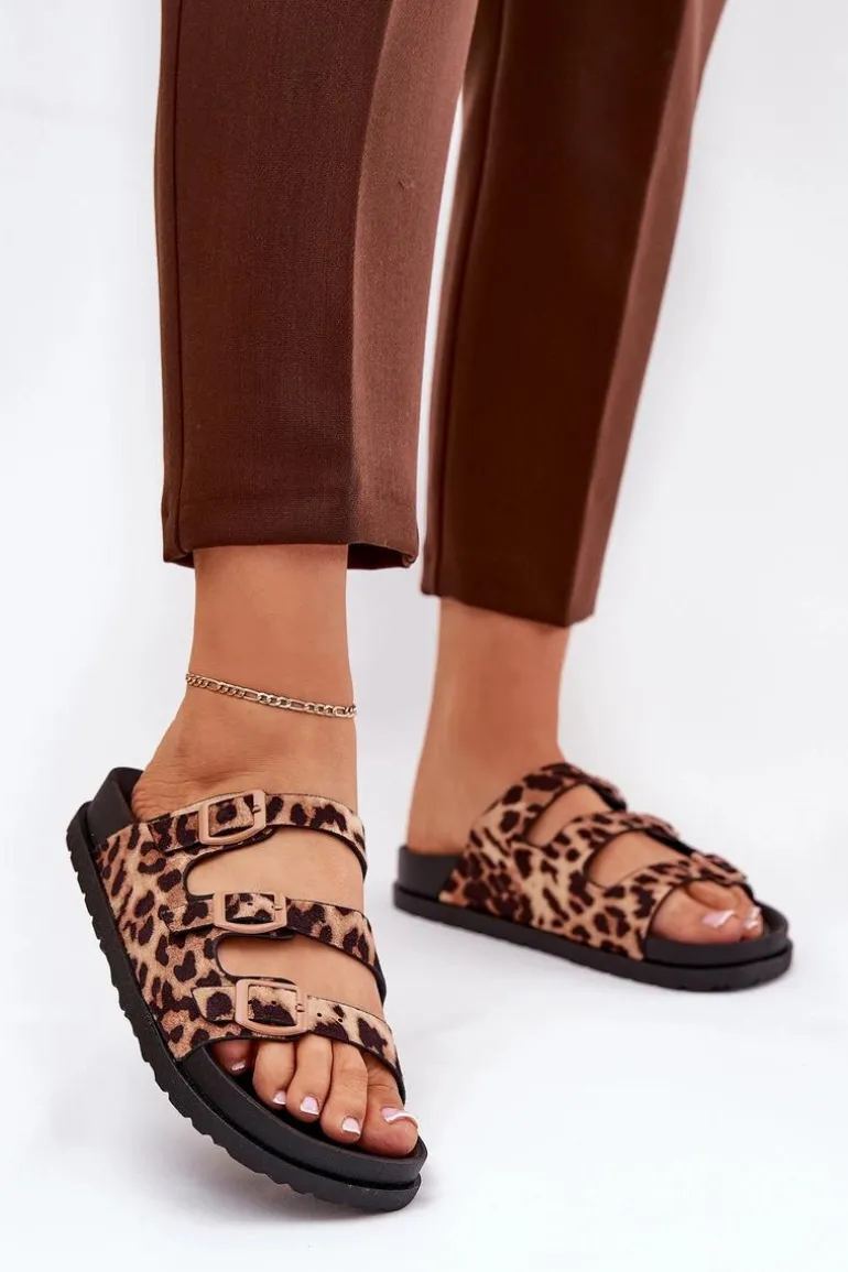 Klapki Damskie Z Paskami I Klamrami W Panterkę Brązowe Uliri