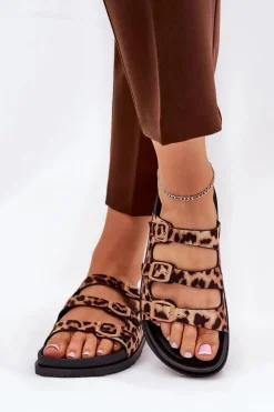 Klapki Damskie Z Paskami I Klamrami W Panterkę Brązowe Uliri