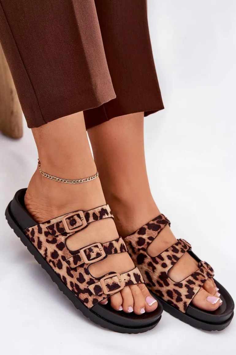 Klapki Damskie Z Paskami I Klamrami W Panterkę Brązowe Uliri