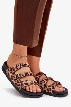 Klapki Damskie Z Paskami I Klamrami W Panterkę Brązowe Uliri