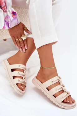 Klapki Damskie Z Paskami Jasnobeżowe Pasiriela