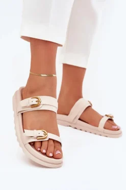 Klapki Damskie Z Paskami I Złotymi Klamrami Jasnobeżowe Selana