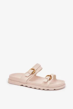 Klapki Damskie Z Paskami I Złotymi Klamrami Jasnobeżowe Selana