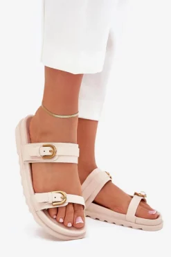 Klapki Damskie Z Paskami I Złotymi Klamrami Jasnobeżowe Selana