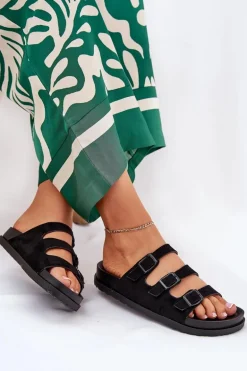 Klapki Damskie Z Paskami I Klamrami Czarne Uliri